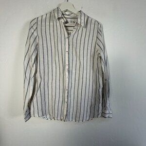 Sigrid Olsen Womens Striped Button-Up Long Sleeve Linen Shirt Small White/Gray